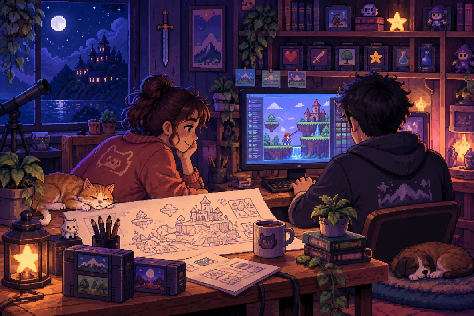 Pixel art indie game makers collaborating in a studio