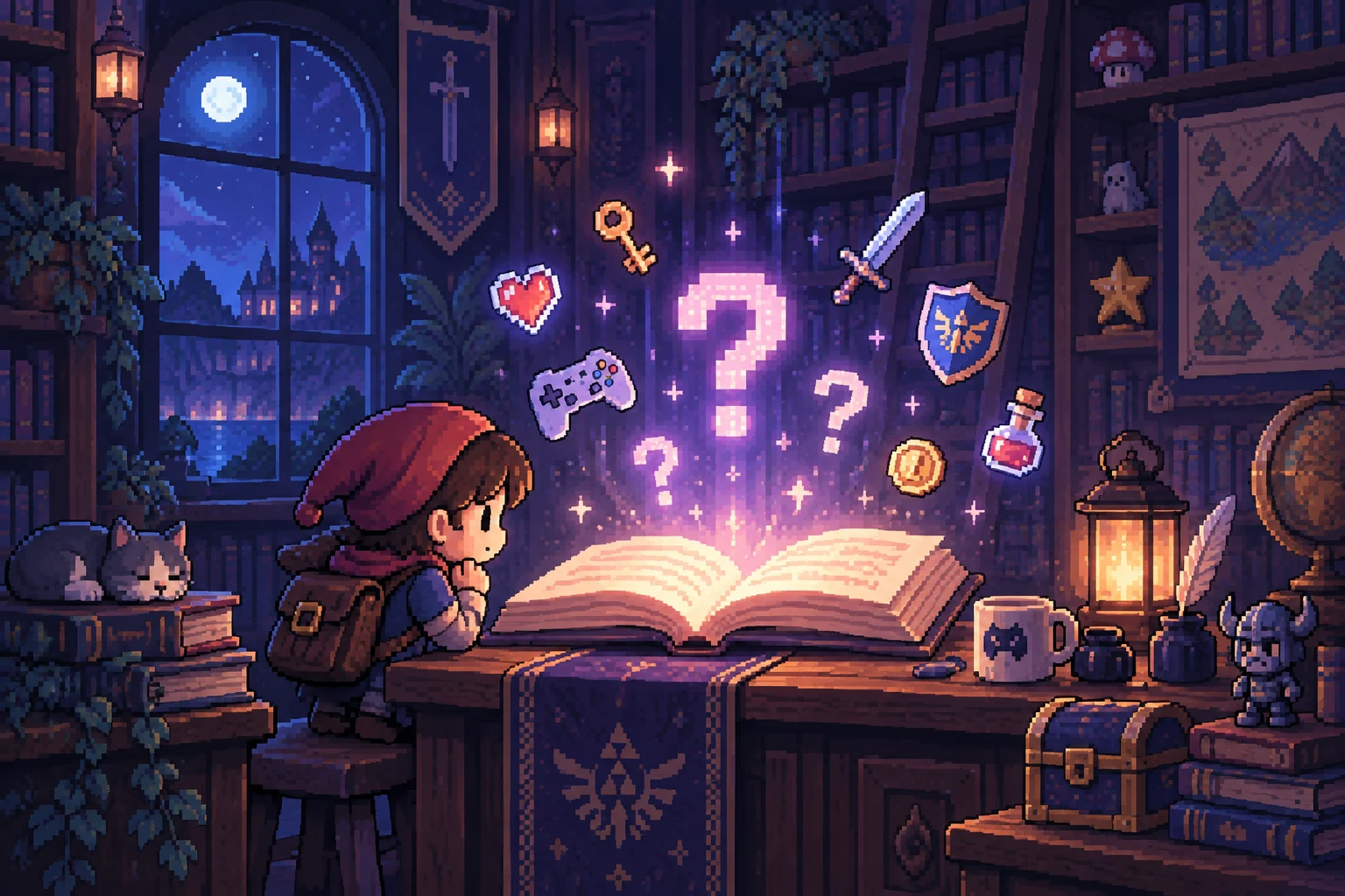 Pixel art guidebook in a cozy game library