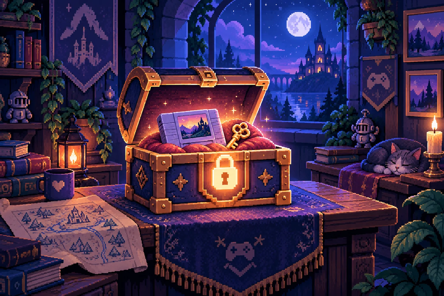 Pixel art locked chest protecting a game cartridge