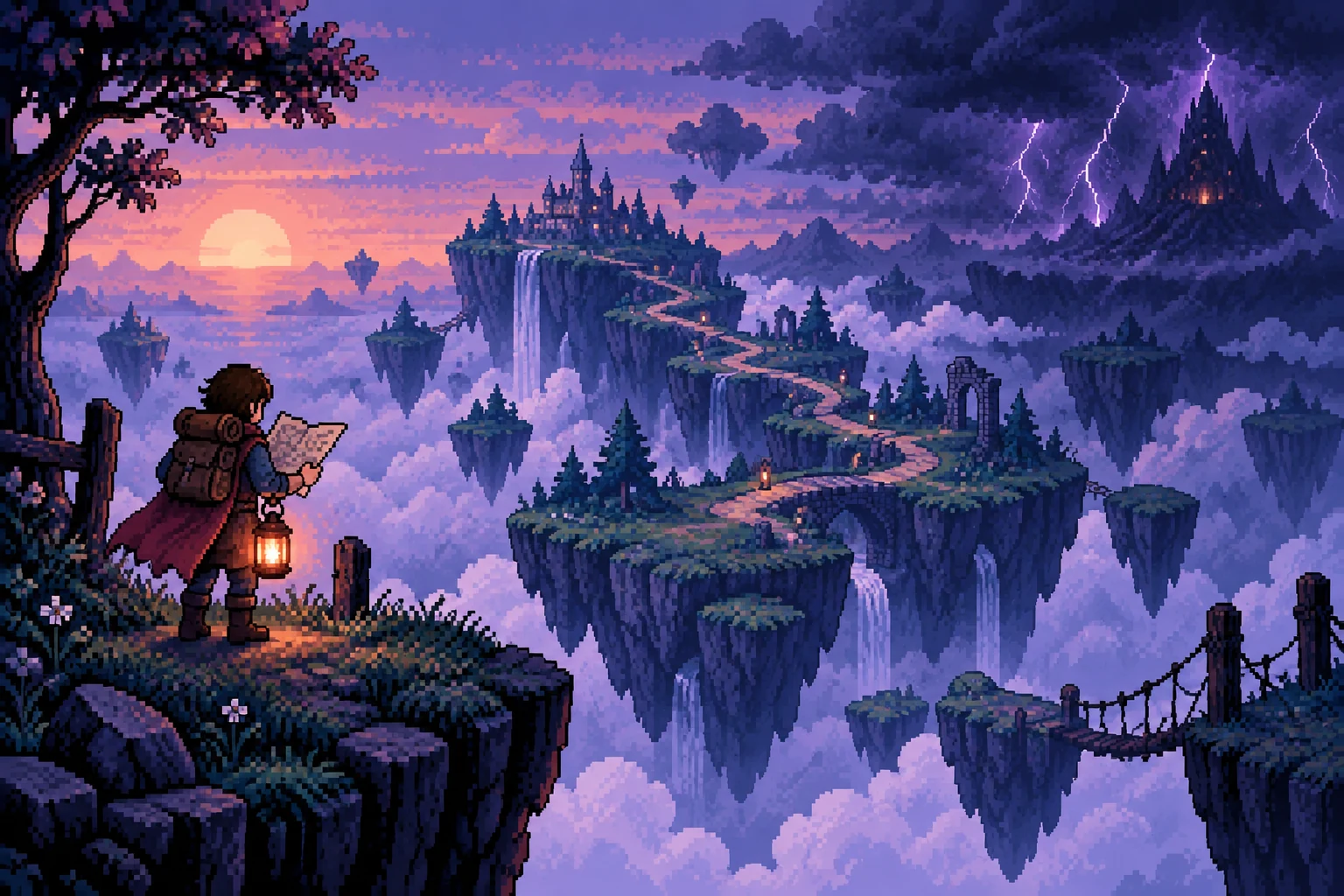 Pixel art adventurer studying the path ahead