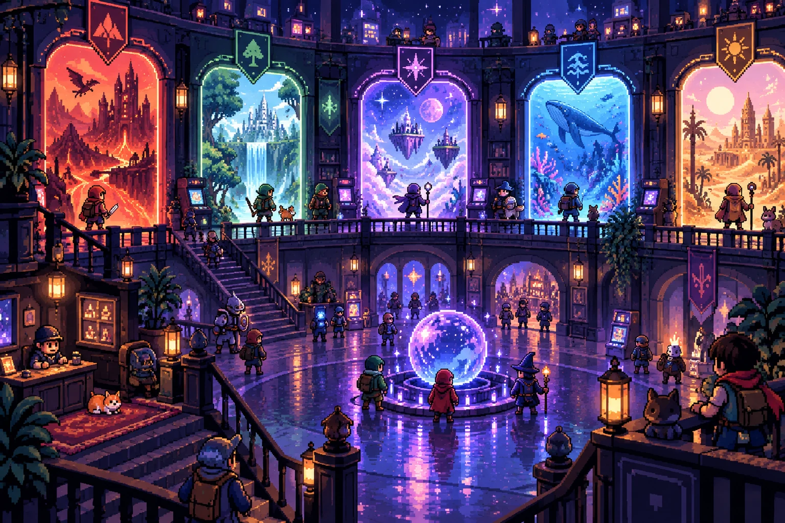 Pixel art arcade filled with portals to different game worlds